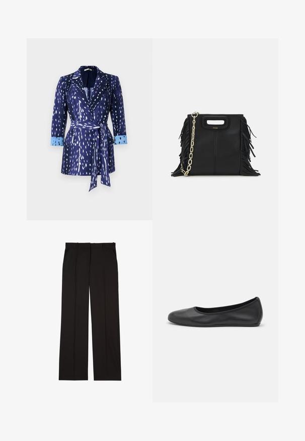 Jūras spēku žakete ar baltām svītrām, garām piedurknēm un zilām aprocēm. Ar jostu viduklī un atloku apkakli. Izgatavota no teksturēta auduma.; Balta īsām piedurknēm T-krekls, izgatavots no ribota auduma. Apaļš izgriezums, regulāra piegriezuma un diskrēti šuvumu detaļas. Bez printiem vai grafikām.; Melni gludā auduma pielāgoti bikses ar taisnu kāju piegriezumu un divām sānu kabatām. Eleganta un minimālistiska uzbūve.; Melna ādas baleta kurpe ar noapaļotu purngalu, gludu tekstūru, minimālu šuvju detalizāciju un elastīgu zoles dizainu.; Melna ādas rokassoma ar frizūras detaļām, zelta ķēdes plecu siksnu un izgrieztu rokturi. Ir logotipa novietojums priekšpusē.