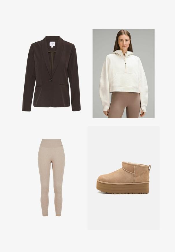 Ruskea puku, joka on muotoiltu istuvaksi, yksittäisellä napilla kiinnitettävä, lovelliset läpät ja kaksi etutaskua. Silkkinen kangas, jossa on hieno kiilto.; lululemon SCUBA OVERSIZED HALF-ZIP - Huppari - heathered bone gold; Beige ribbade leggings med hög midja, tillverkade av ett mjukt, stretchigt tyg för komfort och rörelsefrihet.; Beige mokasiinit nilkkakengät, joissa on pehmeä sisus, alustalla ja takana vetoluukku, joka helpottaa pukemista. Pintakuvioitu kumipohja.