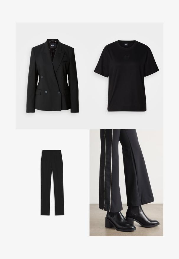 Musta tuplarivinen bleiseri, joka on valmistettu sileästä kankaasta. Siinä on kauluksessa lovet, kaksi etutaskua ja huomaamattomat napit kiinnitystä varten.; Musta puuvillapaita, jossa on pyöreä kaula-aukko, lyhyet hihat ja brodeerattu logo rinnassa. Yksinkertainen, rento istuvuus ilman kuvioita.; Mustat räätälöidyt housut suoran lahkeen designilla, joissa on etutaskut ja sileä, teksturoitu kangas. Siistit, minimalistiset yksityiskohdat.; Mustat nahkasaappaat nilkkapituisilla, lohkareella, joissa on joustavat sivupaneelit. Yhdistetty mustiin housuihin, joissa on valkoinen sivuraita.