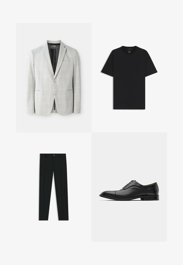 Lichtgrijze blazer met een geruit patroon. Bevat twee knopen aan de voorkant, notch-lapels en een enkele borstzak. Materiaal heeft een gladde textuur.; Zwarte korte mouwen T-shirt van een gladde katoenmix, met een ronde halslijn en een minimalistisch ontwerp zonder patronen of accenten.; Zwarte dresspants met een recht pasvorm, gemaakt van een gladde stof. Heeft een sluiting met een knoop aan de voorkant en ceintuurlussen. Effen zonder patronen.; Zwarte leren jurk schoen met een gladde textuur, ronde neus en vijf veterogen. Beschikt over een lage gestapelde hak en subtiele naaddetails.