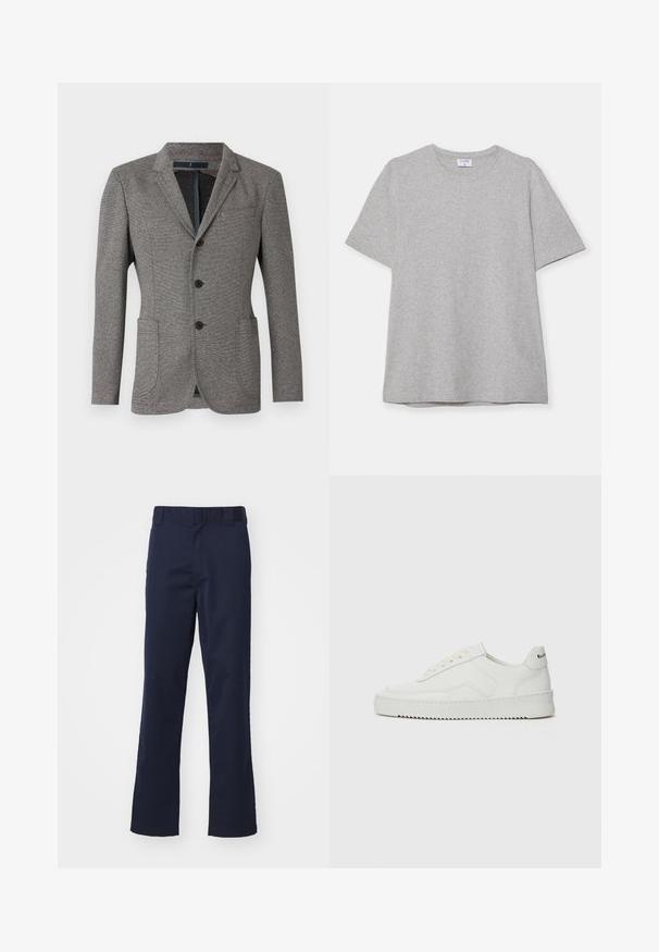 Grau blazer aus strukturiertem Stoff. Verfügt über einen Reverskragen, zwei Fronttaschen, drei Knöpfe und eine taillierte Passform.; Graues T-Shirt mit kurzen Ärmeln aus weichem, strukturiertem Stoff. Verfügt über einen klassischen Rundhalsausschnitt und einen geraden Saum, geeignet für legere Trageanlässe.; Marineblaue Hose aus Stoff, mit geradem Bein, Gürtelschlaufen und einem sauberen Finish am Saum. Keine sichtbaren Muster oder Akzente.; Weiße Ledersneaker mit glatter Oberfläche, runder Zehenpartie, flachen Schnürsenkeln und strukturiertem Sohlenprofil. Mit einem dezenten Logo an der Ferse.