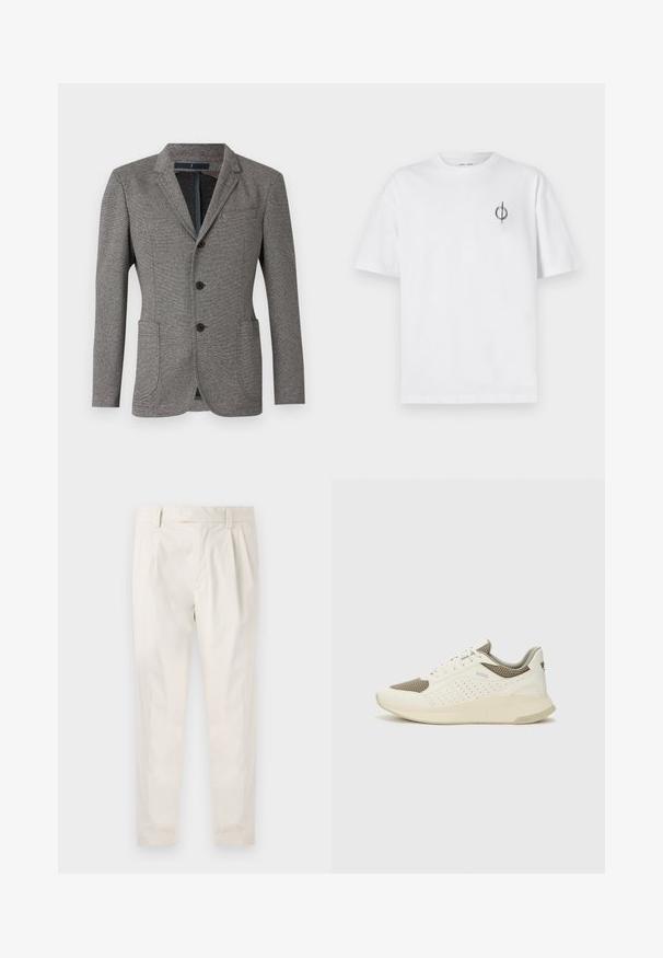 Siviji blazer iz teksturirane tkanine. Ima zarezan ovratnik, dve sprednji žepi, tri gumbe in kroj, ki se prilega.; Bela bombažna majica s sproščenim krojem, ki ima majhen črn grafični logotip na levem prsnem delu. Kratke rokave, okrogel izrez.; Bele, plisirane hlače s krojenim prileganjem, z gladko teksturo, z zankami za pas in ožjimi hlačnicami. Brez vidnih žepov ali vzorcev.; Beli in svetlo bež športni copat, s mrežastim zgornjim delom, perforiranimi detajli in teksturirano srednjim delom z blagovno znamko na peti.