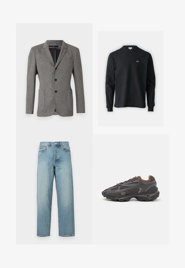 Szary żakiet wykonany z teksturowanej tkaniny. Posiada klapy wycięte, dwie przednie kieszenie, trzy guziki oraz dopasowany krój.; Czarna koszulka z długim rękawem, wykonana z bawełny, z okrągłym dekoltem i małym haftowanym logo krokodyla w kolorze zielonym po lewej stronie klatki piersiowej.; Jasnoniebieskie dżinsy o luźnym kroju, proste nogawki, pięć kieszeni i zapięcie na guzik w talii. Minimalistyczne detale w szwie.; Sneakers Lacoste w ciemnoszarym kolorze, wykonane z siateczki i materiału syntetycznego, z teksturowaną podeszwą oraz brązowymi akcentami na kołnierzu i logotypie.
