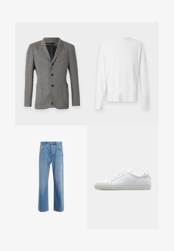 Blazer gris hecho de tejido texturizado. Presenta solapas en pico, dos bolsillos frontales, tres botones y un corte entallado.; Camisa de algodón blanca de manga larga con cuello redondo, aberturas laterales en la parte inferior y una textura suave, exhibida desde la parte de atrás.; Jeans de mezclilla azul claro con un diseño de pierna recta, cinco bolsillos, cierre de botón, ligeramente desgastados y detalles de costura en contraste.; Zapatilla blanca con parte superior de cuero liso y perfil bajo. Presenta una puntera redondeada, seis ojales y una suela de goma texturizada.