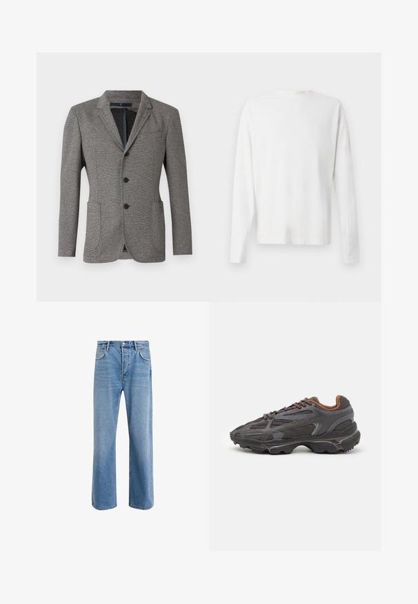 Grau blazer aus strukturiertem Stoff. Verfügt über einen Reverskragen, zwei Fronttaschen, drei Knöpfe und eine taillierte Passform.; Langärmliges weißes Baumwollhemd mit rundem Ausschnitt, seitlichen Schlitzen am unteren Rand und glatter Textur, von hinten präsentiert.; Helle blaue Jeans im Geradeschnitt-Design, mit fünf Taschen, Knopfverschluss, minimaler Ausbleichung und kontrastierenden Nähdetails.; Lacoste Sneaker in Dunkelgrau aus Mesh und Synthetikmaterial, mit einer strukturierten Sohle und braunen Akzenten am Kragen und Logo.