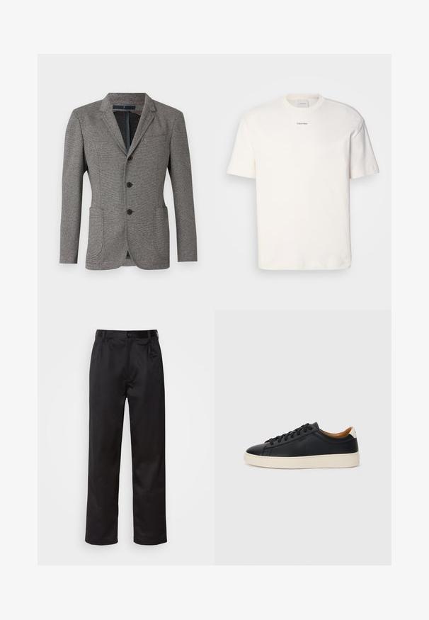 Blazer grigio realizzato in tessuto testurizzato. Presenta rever a punta, due tasche frontali, tre bottoni e una vestibilità su misura.; T-shirt bianca in cotone con scollo rotondo, maniche corte e logo ricamato "Calvin Klein" al centro del petto. Design semplice.; Pantaloni neri realizzati in tessuto morbido, con chiusura frontale a bottone, pieghe e gambe dritte. Nessun motivo o accento visibile.; Sneakers in pelle nera con una texture liscia, suola in gomma beige, design con lacci e un accento del tacco in contrasto.