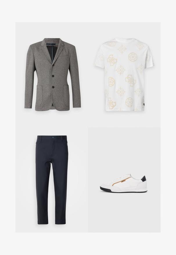 Pilkas švarkas, pagamintas iš tekstūruoto audinio. Turintis iškirptę, du priekiniai kišeniai, tris sagas ir pritaikytą siluetą.; Balta medvilnės marškinėliai su šviesiai kreminiu abstrakčiu raštu, kuriame pavaizduoti įvairūs geometriniai formos ir logotipai. Apvalus kaklas ir trumpomis rankovėmis.; Tamsiai mėlynos pritaikytos kelnės, pagamintos iš sklandžios medžiagos, su užtrauktuku užsegama kišene, tiesiomis kojomis ir mygtuko užsegimu juosmens srityje.; Balti sportiniai bateliai su tinklinėmis ir odinėmis detalėmis. Yra auksinė "BOSS" logotipas, tekstūruoti šonai ir juodas kulno dangtelis. Guminis padas.