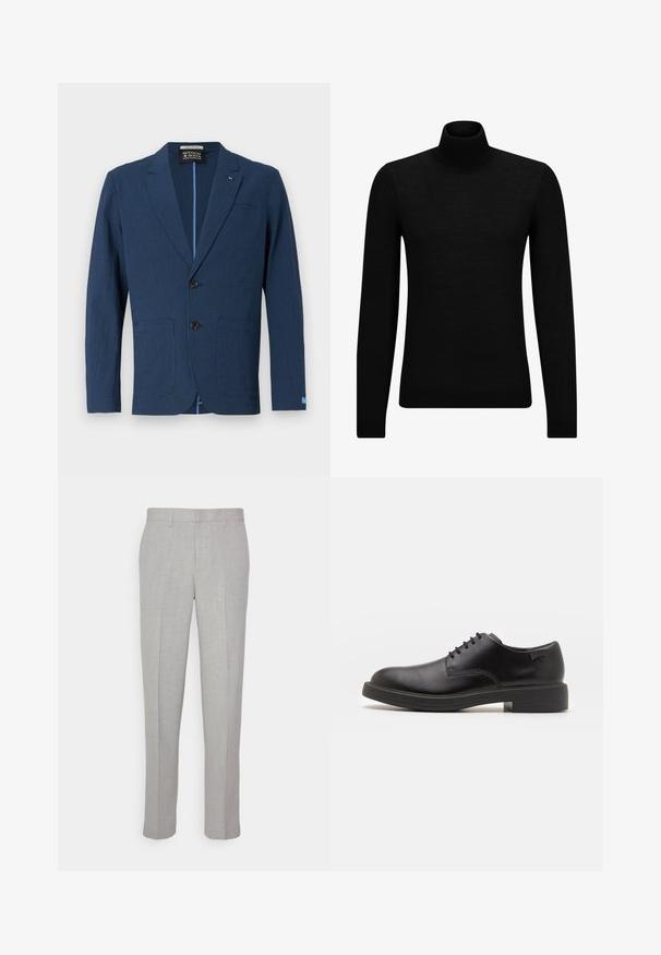 Granatowa marynarka wykonana z teksturowanego materiału, z przodem zapinanym na dwa guziki, klapami z wycięciem, dwoma przednimi kieszeniami oraz subtelnym wzorem.; Czarny sweter z golfem wykonany z miękkiego materiału, z długimi rękawami i dopasowanym krojem. Żebrowane wykończenie na dolnym brzegu i mankietach. Prosty design.; Jasnoszare spodnie o gładkiej fakturze, z płaskim przodem i prostymi nogawkami. Wykonane z przewiewnej tkaniny, z wewnętrznymi kieszeniami i pętelkami na pasek.; Czarny skórzany but za kostkę z okrągłym noskiem, gładką fakturą, minimalnym przeszyciem i niskim gumowym obcasem. Logo na pięcie.