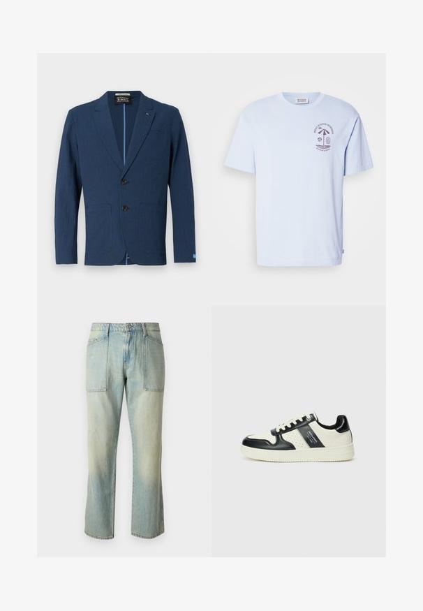 Marineblauwe blazer van een gestructureerd materiaal, met een twee-knopenfront, geknipte revers, twee voorkruiden en een subtiel patroon.; Lichtblauwe katoenen t-shirt met een ronde halslijn en korte mouwen. De grafische print aan de voorkant toont een palmboom en strandelementen in donkerbruin.; Lichtblauwe denim jeans met een rechte pijp, zichtbare stiksels en twee grote voorkruiden. De stof heeft een vervaagd uiterlijk.; Leren sneakers met een zwart en crèmekleurig kleurenschema, voorzien van geperforeerde accenten, een gevoerde kraag en een gestructureerde buitenzool.