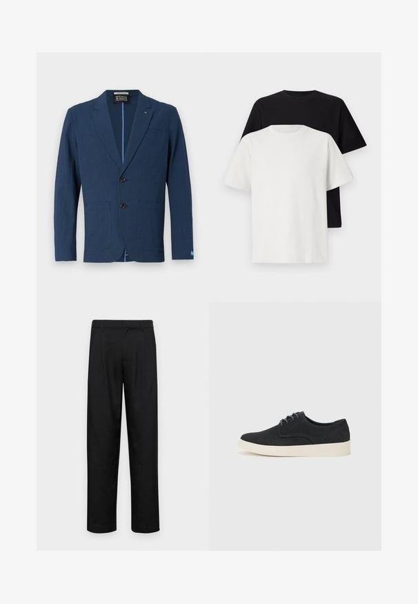 Blazer blu navy realizzato in materiale testurizzato, presenta una chiusura a due bottoni, rever a intaglio, due tasche frontali e un design a motivi discreti.; Set di t-shirt in cotone composto da una maglietta nera e una bianca, entrambe con maniche corte, scollatura rotonda e vestibilità standard. Tessuto testurizzato.; Pantaloni neri realizzati in tessuto liscio, caratterizzati da un taglio dritto, due pieghe frontali e una vita standard con passanti per la cintura.; Scarpa in suede nera con lacci, punta arrotondata, suola leggera color crema e dettagli di cucitura blu discreti sulla parte superiore.