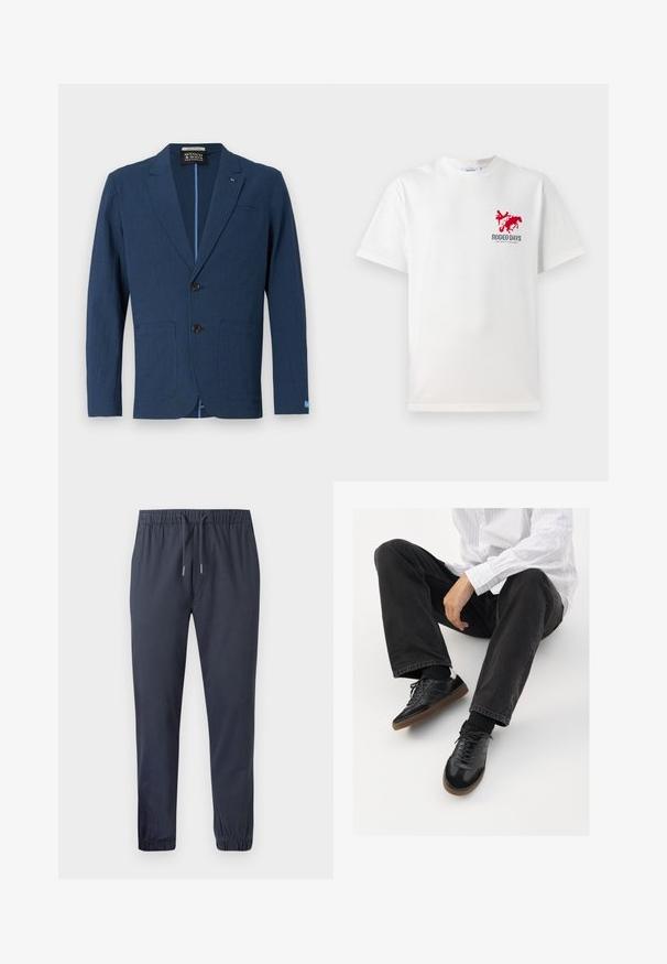 Mörkblå blazer i texturerat material, med en tvåknappsknäppning, spetsiga slag, två framfickor och en subtil mönsterdesign.; Vit bomullströja med en röd cowboy och hästgrafik på vänster bröst där texten "RODEO DAYS" står under designen.; Marinblå tapered joggerbyxor med elastisk midja, snörning och elastiska manschetter, som har ett mjukt och lätt tyg.; Svarta sneakers med en slät och texturerad ovandel, med en gummisula och mörka snören. I kombination med svarta jeans och en vit randig skjorta.