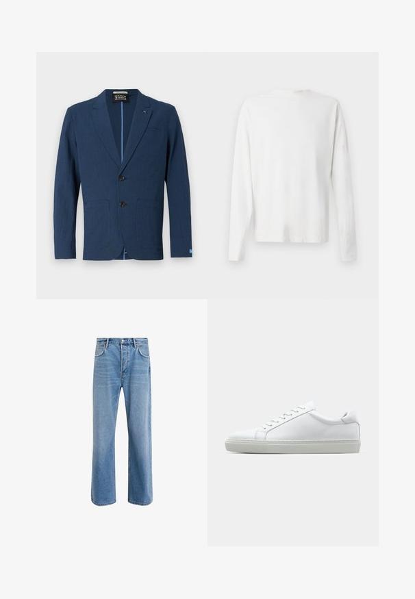 Tumedat sinine bleiser, mis on valmistatud tekstuurilisest materjalist, kahetöödise eesmine, lõigatud kraed, kaks esipoksi ja peene mustriga disain.; Pikad varrukad, valge puuvillane särk ümmarguse kaelusega, külgedel lõhikud all ja sile tekstuur, nähtav tagant.; Heledad sinine teksapüksid otse lõikega, viie taskuga, nupuga sulgemine, minimaalne kulumine ja kontrastsed õmbluse detailid.; Valge tennisetoss, millel on sile nahk pealis ja madal profiil. Omab ümarat ninaosa, kuut silmust ja tekstuuriga kummist talda.