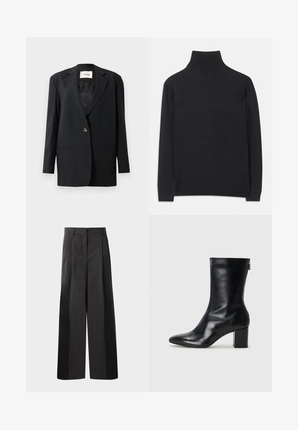 Must mustriga bleiser mustrikuue, üksiknupuga sulgemine, kaks eesmist taskut ja peen, sile tekstuur.; Must zwart pullovers, mis pehmeast kangast. Omab pikki varrukaid, kõrget kaelanupukest ning soonikute äärte ja alläärtega, et tagada mugav istuvus.; Mustad laiad püksid kõrge vöökohaga, millel on ees voldid, sile tekstuur ja õmmeldud viimistlus. Kujundatud lõdva istuvuse saavutamiseks.; Must musta ankle boot teravaid varvastega ja 4 cm plokknõela. Suurepärase disainiga, millel on külgrihm lihtsaks läbi panemiseks. Sile tekstuur.