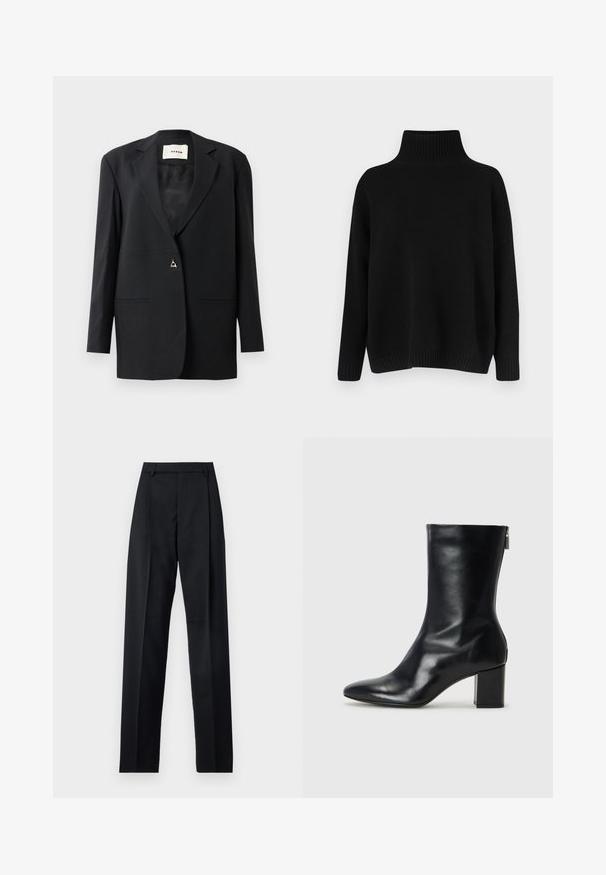 Crni krojeni sako s reverima, zatvaranjem na jedan gumb, dva prednja džepa i elegantnom, glatkom teksturom.; Crni pleteni džemper s visokim rebrastim ovratnikom, spuštenim ramenima i opuštenim krojem. Ima rebraste manžete i rub radi teksture.; Crne hlače od glatkog materijala s visokim strukom, širokim nogavicama, prednjim pregibima i klasičnim petljama za remen. Nema vidljivih bočnih džepova.; Crne kožne gležnjače s oštrim vrhom i blok petom visokom 4 cm. Elegantni dizajn s bočnim patentnim zatvaračem za jednostavno obuvanje. Glatka tekstura.