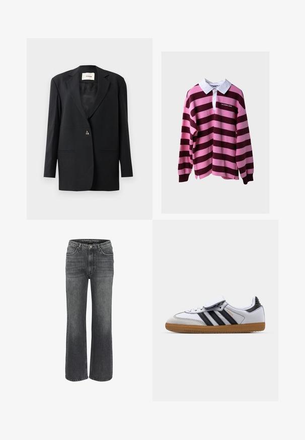 Sacou negru taiat, cu guler tăiat, închidere cu un singur nasture, două buzunare frontale și o textură netedă, elegantă.; Cămașă de rugby cu mânecă lungă, cu dungi orizontale late în nuanțe de roz și vin burgund, guler alb și logo-ul "COLOURFUL REBEL" pe piept.; Jeans largi din denim gri închis, cu un design clasic cu cinci buzunare, detalii cusute și o închidere cu buton la talie.; Adidași din piele albă cu dungi negre și accente gri, având vârful rotund și talpa din cauciuc natural. Curea cu Velcro și închidere cu șiret.