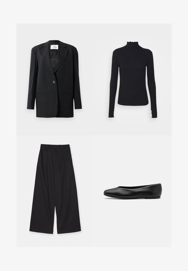 Černý přizpůsobený blejzr s klopovým límcem, single knoflíkovým zapínáním, dvěma předními kapsami a elegantní, hladkou texturou.; Černý dlouhý rukáv rolák vyrobený z hladkého materiálu, s volánkovým límcem a přiléhavým střihem s jednoduchými okraji.; Černé kalhoty s širokými nohavicemi vyrobené z hladké tkaniny, s vysokým pasem, předními sklady, zapínáním na knoflík a rovnou siluetou.; Paul Smith TOPANGA - Klasické baleríny - black