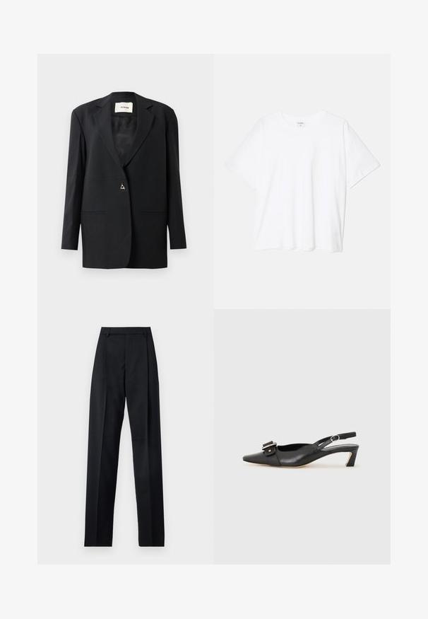 Čierny sakový blejzer s výstrihom do V, zapínaním na jeden gombík, dvoma prednými vreckami a elegantnou, hladkou textúrou.; Biely bavlnený tričko s krátkymi rukávmi, okrúhlym výstrihom, voľným strihom a prešitým lemom. Štítok viditeľný na vnútornom krku.; Čierne nohavice vyrobené z hladkej látky s vysokým pásom, širokými nohavicami, prednými záhybmi a klasickými pútkami na opasok. Žiadne bočné vrecká nie sú viditeľné.; Čierne kožené sandále s úzkym prstom, malým opätkom a dekoratívnou sponou na vrchnej časti. Hladká textúra, minimalistický dizajn.
