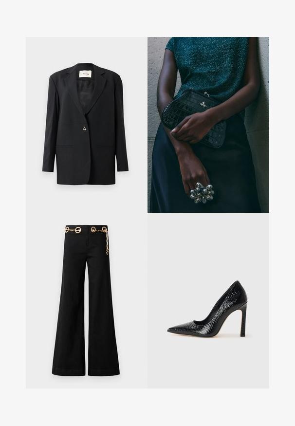 Černý přizpůsobený blejzr s klopovým límcem, single knoflíkovým zapínáním, dvěma předními kapsami a elegantní, hladkou texturou.; Černý top bez rukávů s tenkými ramínky, vyrobený z žebrované tkaniny, se rovný střih a štítek na výstřihu s nápisem "IVY OAK."; Černé široké kalhoty vyrobené z bavlny, se zlatými kruhovými detaily a řetízkovým prvkem na pase. Hladký povrch, čistý střih.; Černý lodičkový bot s špičatou špičkou, pokrytý texturou krokodýlí kůže, s elegantním designem, vysokým stiletto podpatkem a hladkým černým interiérem.; Černá kabelka ve tvaru psaníčka s krokodýlím vzorem a stříbrným kováním, držena proti texturovanému šedému pozadí. Vyznačuje se lesklým povrchem.