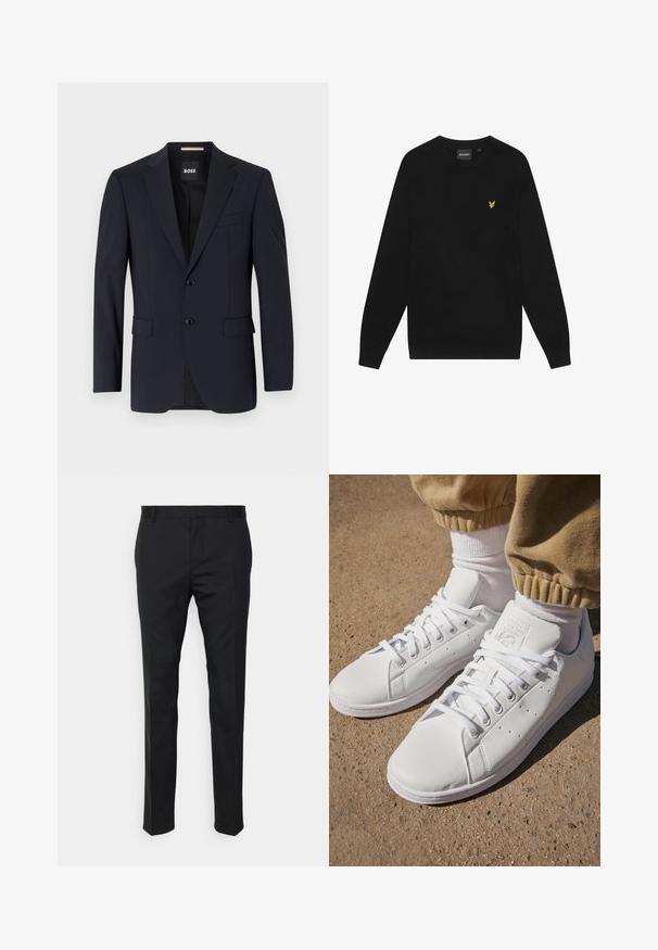 Jūras spēku žakete, kas izgatavota no gludas auduma, ar divu pogu priekšpusi, izgrieztiem uzplečiem un divām priekšējām kabatām, kā arī vienu krūšu kabatu.; Melnas kokvilnas sporta krekls ar garām piedurknēm un apaļu apkakli. Uz krūšu daļas ir neliels dzeltenais ērglis logotips. Mīksta tekstūra.; Melnas pielāgotas bikses ar taisnu piegriezumu, izgatavotas no gludas auduma. Satur jostas cilpas un krokas detaļu gar priekšpusi.; Baltas ādas sporta apavi ar gludu virsmu, ar klasisku šņorēšanas dizainu, ar perforējumiem gaisa caurlaidībai un teksturētu gumijas zoli.