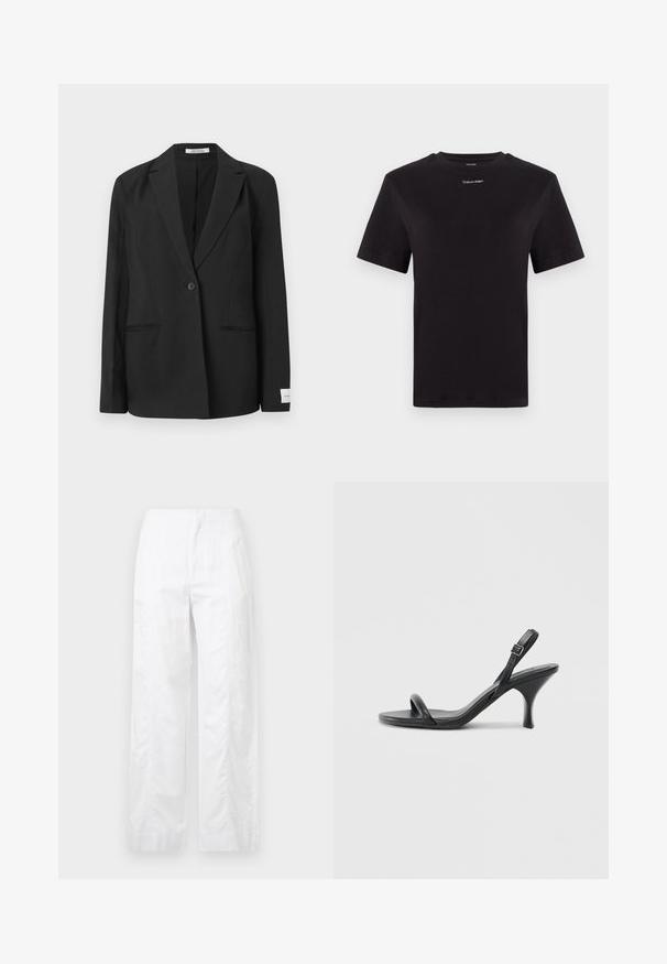 Čierny sako s klopovým golierom, jedným gombíkom, dvoma prednými vreckami a obdĺžnikovou nášivkou na rukáve. Hladká textúra tkaniny.; Čierne bavlnené tričko s krátkymi rukávmi, klasickým výstrihom a malým bielym logom "Calvin Klein" na hrudi. Hladká textúra, klasický strih.; Biele široké nohavice z ľahkej látky, s hladkou textúrou, čistými líniami a vysokým pásom.; Čierne kožené sandále na vysokom podpätku s štíhlym, zakriveným podpätkom a prekríženým pásikovým dizajnom. Nastaviteľný pásik okolo členka. Hladká textúra.