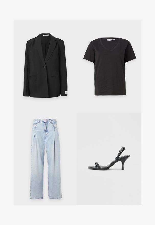 Melnā bleizeris ar iegrieztu apkakli, ar vienu pogu, divām priekšējām kabatām un taisnstūra nozīmi uz piedurknes. Gluda auduma tekstūra.; Melnas kokvilnas T-krekls ar V veida kakla izgriezumu un īsām piedurknēm. Vienkāršs dizains ar regulāru piegriezumu un bez rakstiem vai akcentiem.; Gaiši zilas džinsu bikses ar augstu jostasvietu, plats kāju griezumu, divām sānu kabatām un krokotā dizaina akcentiem. Mīksta tekstūra ar izdilušu apdari.; Melnas ādas augstpapēžu sandales ar plānu, izliekta formas papēdi un krustenisku siksnu dizainu. Regulējama potītes siksna. Gluda tekstūra.