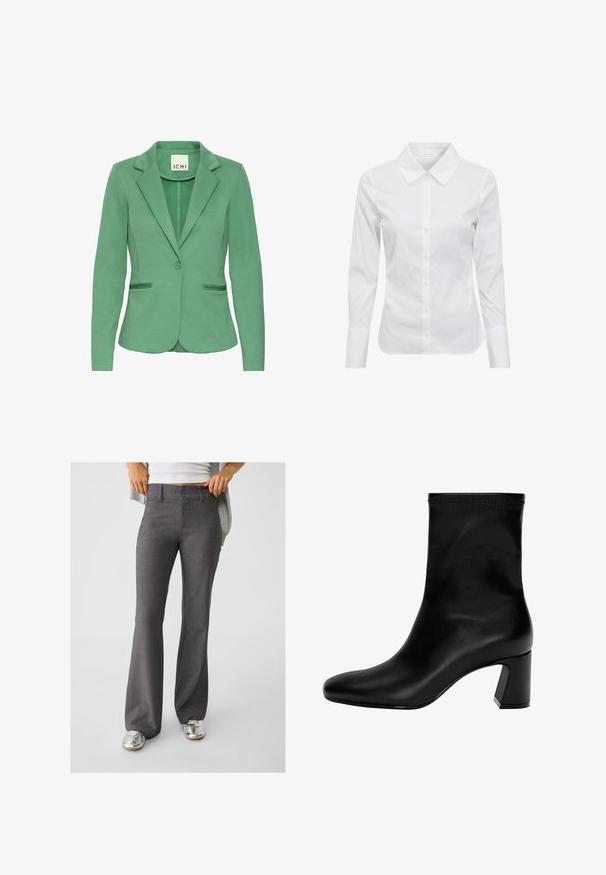 Vihreä bleiseri, jossa on kaulus, yksinkertainen nappisuljenta ja kaksi etutaskua. Valmistettu teksturoidusta kankaasta, jossa on istuva leikkaus.; Valkoinen pitkähihaista paitaa klassisella kauluksella, nappikiinnitys edessä ja sileästä puuvillakankaasta. Minimalistinen muotoilu, ei kuvioita tai koristeita.; Harmaat liehukkeet, jotka on valmistettu teksturoidusta kankaasta, joissa on kaksinappinen kiinnitys ja vyölenkit, yhdistettynä kiiltäviin hopeisiin lenkkareihin.; Musta nilkkuri, joka on valmistettu sileästä nahasta. Varustettu neliömäisellä kärjellä, joustavalla yläpäällä ja paksulla korolla vakauden vuoksi. Minimalistinen muotoilu.