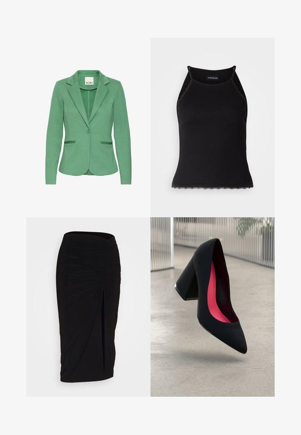Zöld blézer, kifordított hajtókával, egygombos záródással és két elülső zsebbel. Texturált anyagból készült, testhez simuló szabással.; Fekete bordázott ujjatlan felső, csipkés, fodros szegéllyel az alján. Vékony pántokkal és testhez simuló kialakítással rendelkezik. Stretch anyagból készült.; Fekete, ráncolt ceruzaszoknya kötött részlettel és oldalsó hasítékkal. Rugalmas anyagból készült, sima textúrával és testhez álló kialakítással.; Fekete magassarkú cipő hegyes orral, textúrált felülettel és élénk rózsaszín béléssel. Vastag sarokkal rendelkezik, ezüst kiegészítővel.