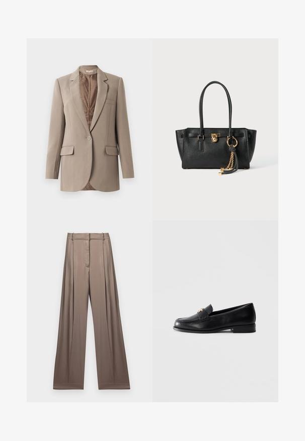 Sacou bej confecționat dintr-un material neted, cu revere înclinate, închidere cu un singur nasture și două buzunare frontale, având o căptușeală maro în contrast.; Tricou alb scurt, din bumbac, cu mâneci scurte și logo-ul "MICHAEL KORS" brodat în text asortat pe partea din față.; Pantaloni cu picioare largi într-o nuanță de taupe moale, realizați dintr-un material neted cu un finisaj satinat. Au o talie croită și pliseuri subtile.; Mocasini negri din piele cu toc mic și emblemă decorativă aurie pe curea, expuși pe un fundal simplu de gri deschis.; Geantă de mână din piele neagră cu mânere duble, lacăt aurit și detalii cu lanț, împreună cu un accesoriu cu ciucuri alb-negru, pe fond alb.