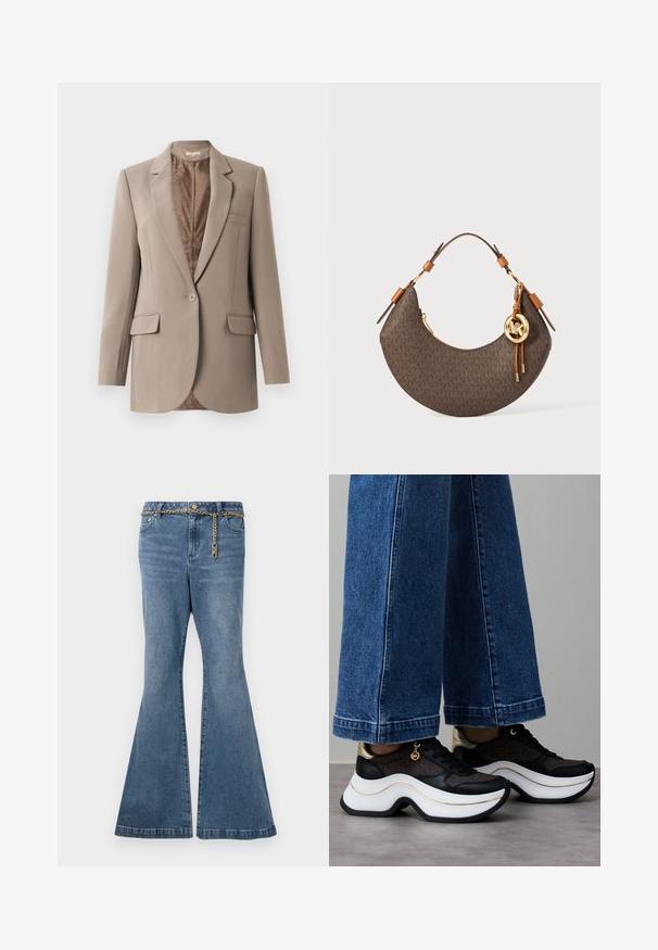 Beige blazer gemaakt van zachte stof, met een notch-kraag, enkele knoopsluiting en twee voorzakken, met een contrasterende bruine voering.; Witte cropped T-shirt van katoen, met korte mouwen en het "MICHAEL KORS" logo in bijpassende geborduurde tekst over de voorkant.; Uitlopende blauwe spijkerbroek in een medium-wash denim, met een gouden kettingdetail bij de taille en een standaard vijf-pocket ontwerp.; Zwart-gouden sneakers met een gebogen witte zool. Gestructureerde stof met logodetails. Gecombineerd met brede blauwe spijkerbroek.; Bruine halve maanförmige handtas met een tan leren schouderband, gouden hardware en een ronde MK-logo hanger die aan de zijkant hangt.