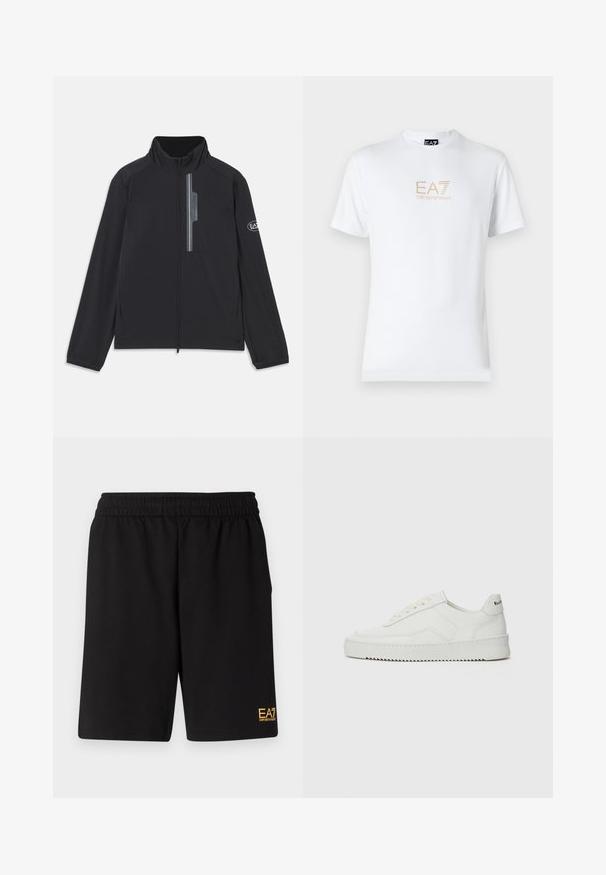 Črna lahka jakna z visokim ovratnikom, sprednjim zadrgo in žepom na prsih z zadrgo. Vključuje detajl s logotipom na rokavu. Gladka tekstura.; Bela bombažna majica s krožnim izrezom in kratkimi rokavi, s pozlačenim logotipom EA7 Emporio Armani natisnjenim spredaj.; Črne športne kratke hlače iz mehkega blaga, z elastičnim pasom in majhnim rumenim logotipom EA7 na spodnjem levem delu noge.; Bela usnjena športna obutev z gladko površino, okroglo prst, ravne vezalke in teksturiran podplat. Ima diskretno logo na peti.