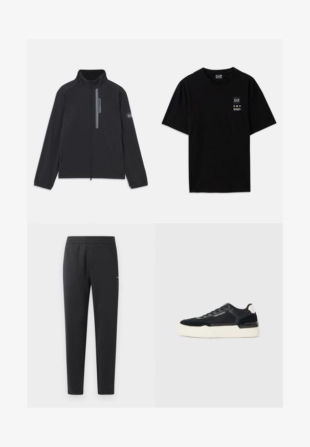 Melnās vieglās jakas ar augstu apkakli, priekšējo rāvējslēdzēju un rāvējslēdzēja krūšu kabatu. Roku daļās ir redzams logos. Gluda tekstūra.; Melnas kokvilnas T-krekls ar īsām piedurknēm, apaļo kakla izgriezumu un nelielu logotipa birku priekšpusē ar baltiem apzīmējumiem par kopšanu.; Melni sporta bikses, kas izgatavotas no mīkstas auduma, ar elastīgu jostasvietu, taisnām kājām un nelielu logotipa detaļu sānos.; Melnas sporta kurpes, kas izgatavotas no sieta un ādas, ar biezām baltām zoles un kontrastējošiem akcentiem. Mežģīņu un logo detaļa sānos.
