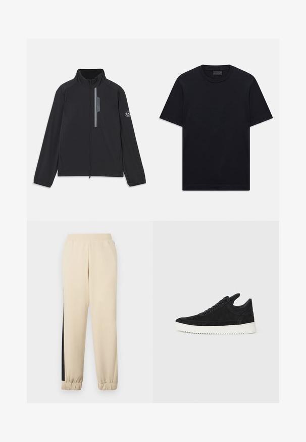 Svart lett jakke med høy krage, frontglidelås og glidelåslomme på brystet. Har logodetalj på ermet. Glatt tekstur.; Svart kortermet T-skjorte med rund hals og subtil preget logo-design sentrert på brystet, samt et merke inne i halsen.; Kremfargede joggebukser med svarte sidehåndtak, elastisk midje og ribbede mansjetter. Mykt stoff med en avslappet passform.; Sorte semskede sneakers med hvit gummisåle, med tonale sømmer og snøring. Glatt tekstur med en moderne, strømlinjeformet form.