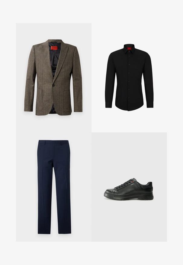 Brown checked blazer made of textured fabric, featuring two front pockets, notched lapels, and a single black button closure. Red inner label.; Black long-sleeve shirt with a button-up front, classic collar, and rounded hem; features black buttons and a red logo inside the collar.; Navy blue trousers with a tailored fit, featuring a smooth texture, sharp creases, and a flat front design. Concealed zipper fly closure.; Black leather sneaker with textured upper, padded collar, and red logo detail. Features a thick rubber sole with distinct tread pattern.