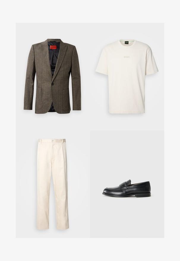 Rudas/juostotas švarkas, pagamintas iš tekstūrinio audinio, su dviem priekinėmis kišenėmis, išpjautomis apykaklėmis ir vienu juodu mygtuku. Raudonas vidinis etiketas.; BOSS TEE - Paprasti marškinėliai - open white; Bežinės medvilninės kelnės su tiesiu kirpimu, turinčios mygtuko uždarymą ir priekyje raukšles papildomai dekoratyviam akcentui.; Juodi odiniai loafersai su apvaliu nosimi, siuvinėjimo detalėmis ir plokščiu guminiu padu. Yra plati juostelė per pėdos vidurį.