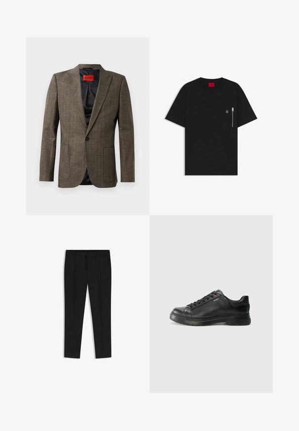 Bruine geruite blazer van een gestructureerde stof, met twee voorzakken, fermcollar en een enkele zwarte knoopsluiting. Rode binnenlabel.; Zwarte T-shirt van katoen, met een ronde hals, korte mouwen en een borstzak met een zilveren ritsdetail. Klein logo op de zak.; Zwarte broeken met een tailleband met trekkoord, geplooide voorkant, taps toelopende pijpen en een gladde stoftextuur. Geen aanvullende patronen of details.; Zwarte leren sneaker met een gestructureerde bovenkant, gevoerde kraag en rode logo-details. Heeft een dikke rubberen zool met een opvallend loopvlakpatroon.