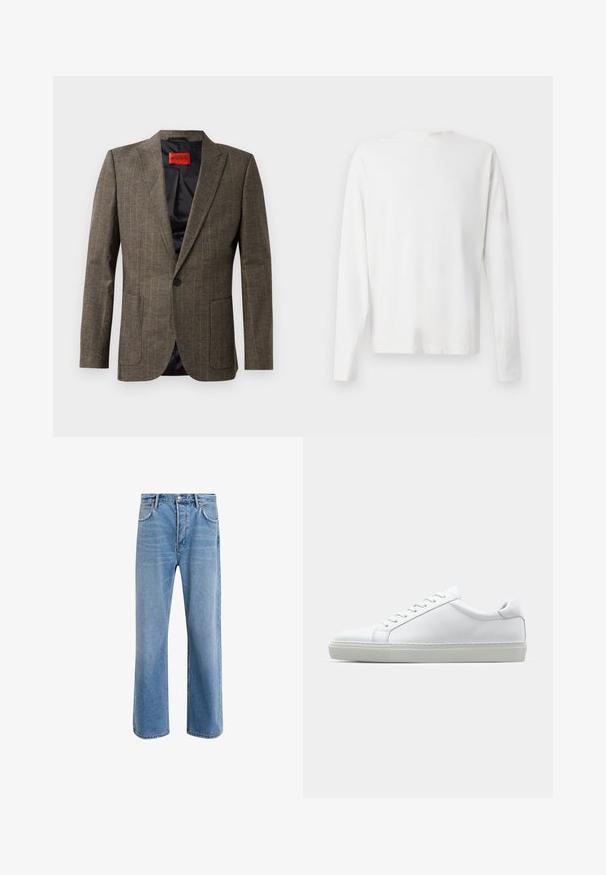 Braun kariertes Blazer aus strukturiertem Stoff, mit zwei Vordertaschen, eckigen Revers und einem einzelnen schwarzen Knopfverschluss. Rotes Innenlabel.; Langärmliges weißes Baumwollhemd mit rundem Ausschnitt, seitlichen Schlitzen am unteren Rand und glatter Textur, von hinten präsentiert.; Helle blaue Jeans im Geradeschnitt-Design, mit fünf Taschen, Knopfverschluss, minimaler Ausbleichung und kontrastierenden Nähdetails.; Weißer Sneaker mit glattem Lederobermaterial und niedrigem Profil. Verfügt über eine runde Zehenpartie, sechs Ösen und eine strukturierte Gummisohle.
