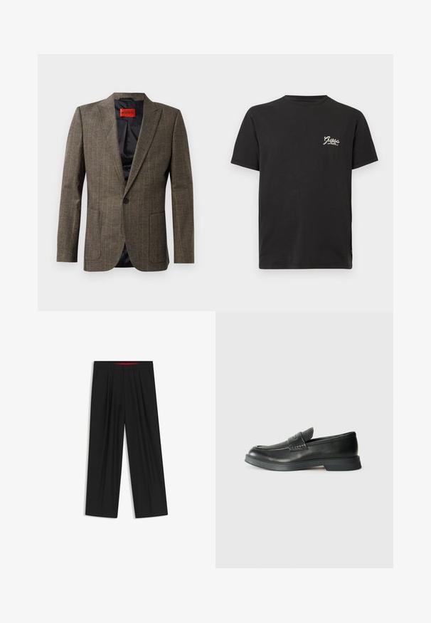 Brown checked blazer made of textured fabric, featuring two front pockets, notched lapels, and a single black button closure. Red inner label.; Black cotton t-shirt with a round neckline and short sleeves. Features white "Guess" logo on the left chest area. Classic straight cut.; Black wide-leg trousers with a flat front, two side pockets, pleated design, and a contrasting red interior waistband.; Black leather loafer with a textured upper, flat sole, and embossed accents. Features a simple design and rounded toe.