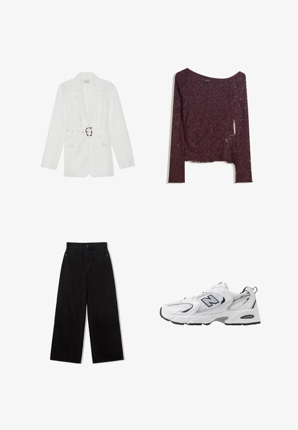 Blazer bianco con vita regolabile da cintura, due tasche frontali, revers appuntiti e tessuto testurizzato. Presenta dettagli in metallo argentato sulla cintura.; Top in pizzo a maniche lunghe di un profondo bordeaux, con scollatura a spalle scoperte, motivi floreali e una texture leggermente trasparente con orlo dritto.; Jeans neri a gamba larga in denim con vita alta, dotati di un design a cinque tasche e una chiusura con un solo bottone nella parte anteriore.; Scarpa sportiva bianca con tomaia in mesh, dettagli in blu marino e suola imbottita. Presenta il logo "N", lacci e dettaglio texturizzato sul lato.