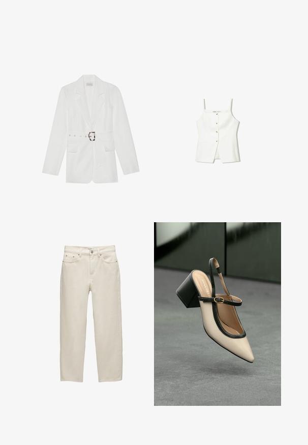 Hvid blazer med bælte i taljen, to forlommer, spidse klapslag og et tekstureret stof. Har sølvfarvet hardware på bæltet.; Hvid ærmeløs top med knaplukning foran, sidelommer og et tætsiddende design med en let udvidet kant. Glat tekstur, minimal dekoration.; Hvide denim jeans med en afslappet pasform, der har lige ben, fem-lomme design og metal hardware med en subtil tekstur.; Beige spids tå slingback sko med sort kant, guld spænde og en chunky blokhæl på grå gulv med mørkegrøn baggrund.