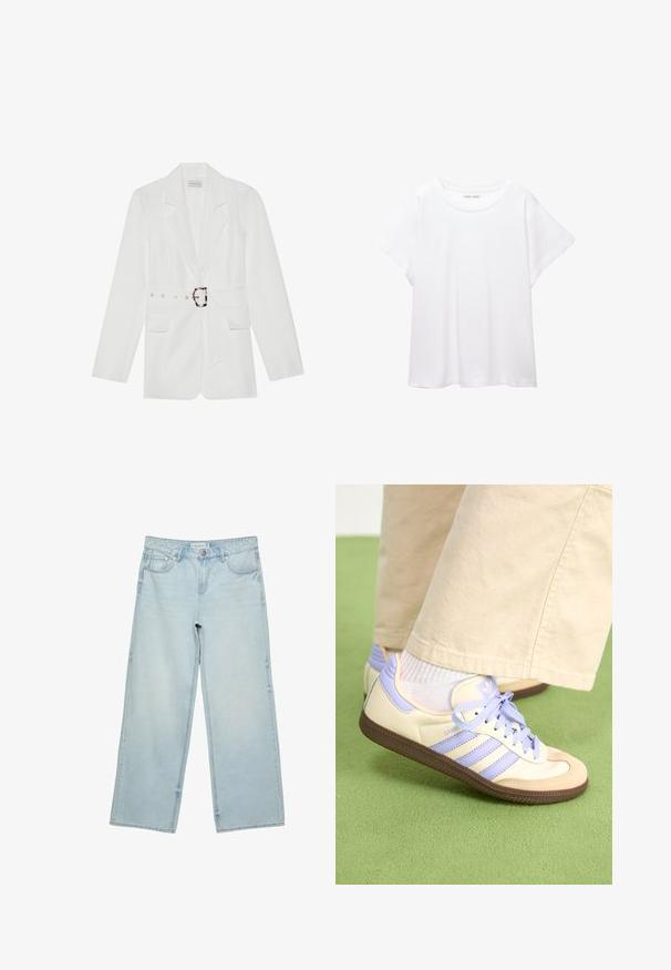 Biały żakiet z paskiem w talii, dwoma przednimi kieszeniami, wyłogami i teksturowanym materiałem. Posiada srebrne akcesoria na pasku.; Biała koszulka wykonana z miękkiej, lekkiej tkaniny. Posiada okrągły dekolt oraz krótkie, szerokie rękawy, zapewniające luźny krój. Brak widocznych wzorów.; Jasnoniebieskie jeansy o szerokich nogawkach, wykonane z denimu, z wysokim stanem, pięcioma kieszeniami i delikatnym efektem wyblaknięcia. Prosty krój z wykończonymi brzegami.; Kremowe i lawendowe trampki z trzema paskami oraz teksturowaną brązową podeszwą, wyposażone w sznurówki i wyścieloną piętę. Górna część z miękkiego materiału.