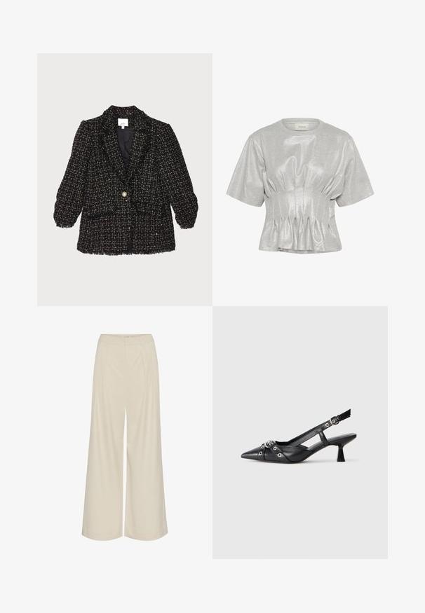 Juodas džinsinis švarkas su tekstūriniu raštu, pūkuotomis rankovėmis, vienu auksiniu mygtuku ir dviem priekinėmis kišenėmis. Nulyginti kraštai.; Trumpas, sidabrinis metalinis marškinėliai su susiraukšlėjusia, prilaikančia taliją ir apvaliu iškirpimu, pristatytas prieš baltą foną.; Platus kojų kelnes iš šviesiai smėlio spalvos audinio, su klostėmis, aukštu liemeniu ir lygia tekstūra, be matomų dekoro elementų.; Juodas odinis slingback tipo batai su smailiu priekiniu atvartu, dekoratyvinėmis sagtimis su metaliniais akyčiais ir žemu blokiniu kulnu. Saldus paviršius.