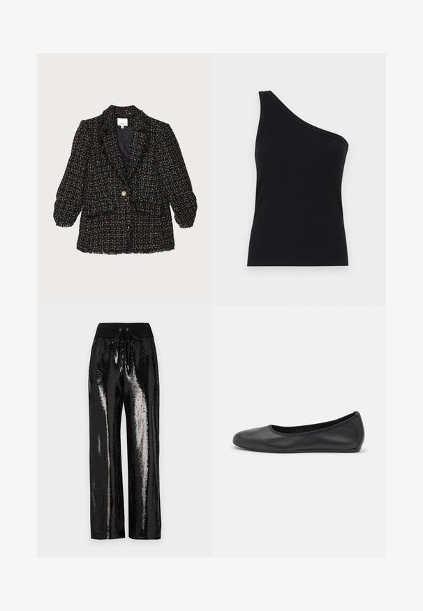 Čierny tweedový blazer s textúrovaným vzorom, nadýchanými rukávmi, jedným zlatým gombíkom a dvoma prednými vreckami. Detaily s rozstrapkanými okrajmi.; Čierny rebrovaný top na jedno rameno s priliehavým strihom a jemnou textúrou. Obsahuje čistý, minimalistický strih a hladký výstrih.; Čierne trblietavé nohavice s širokým strihom a elastickým pásom s šnúrkou. Materiál má reflexnú, lesklú textúru.; Čierne kožené baleríny s okrúhlou špičkou, hladkým povrchom, minimálnym prešívaním a flexibilným dizajnom podrážky.