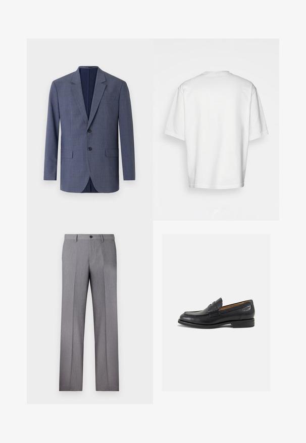 Tamsiai mėlynas švarkas, pagamintas iš tekstūruoto audinio, su subtiliu languotu raštu, dviem priekinėmis kišenėmis ir dviem mygtukais priekyje.; Balta trumpa rankovėmis marškinėliai, laisvas kirpimas, apvalus iškirpimas, lygaus džinsinio audinio, nepuošta nugara, tiesiai kraštu, be raštų ar akcentų.; Pilkos pritaikytos kelnės su plokščiu priekiu, dviem šoninėmis kišenėmis ir vienu mygtuko užsegimu. Lygi tekstūra su subtiliu dryželiu.; Juodi odiniai loafersai su lygiu paviršiumi, apvaliu pirštu ir dekoratyvine siūlė viršuje. Žemas sustiprintas kulnas ir lengvas blizgesys.