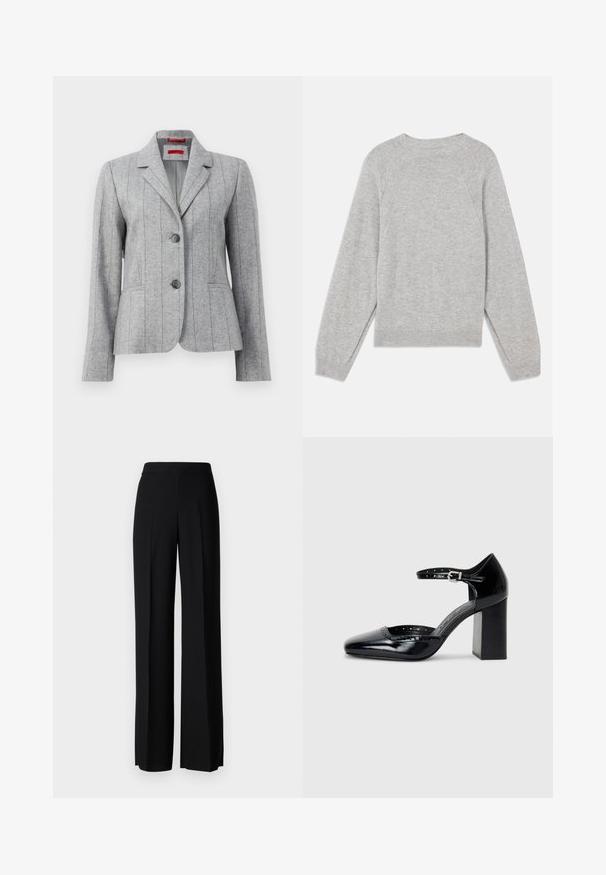 Pelēks pielāgots žakets ar atlokiem, diviem priekšējiem pogām, vertikāliem izšūtiem šuvēm un priekšējiem kabatām, redzams uz balta fona.; Gai pelēks džemperis, kas izgatavots no mīksta auduma, ar garām raglanu piedurknēm, apaļu izgriezumu un ribotiem apkakles un apakšmalas malām. Vienkāršs, bezšuvju dizains.; Melni platleği bikses ar gludu tekstūru, ar augstu jostasvietu un centrālajām krokām. Nav redzamu rakstu vai aparatūras detaļu.; Melna lakota ādas augstpapēžu kurpes ar kvadrātu purngalu, potītes siksniņu un masīlu papēdi. Iekļauj perforētu apdari gar malu.