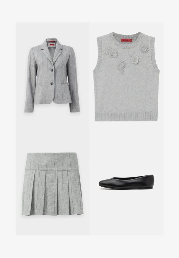 Grau taillierter Blazer mit Reverskragen, zwei vorderen Knöpfen, vertikalen Nahtnähten und Fronttaschen, auf einem weißen Hintergrund präsentiert.; Hellgrauer ärmelloser Pullover mit einem gerippten Hals- und Saumabschluss. Verfügt über drei strukturierte Blumenapplikationen auf der Vorderseite. Markenlabel: MAX&Co.; Grauer, gefalteter Rock aus Fischgrätstoff; verfügt über einen strukturierten Bund und einen geraden Schnitt am Saum.; Paul Smith TOPANGA - Klassischer Ballerina - black