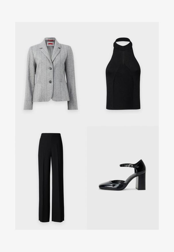 Grijze op maat gemaakte blazer met reverskraag, twee frontknopen, verticale gestikte naden en voortassen, weergegeven op een witte achtergrond.; Zwarte haltertop met een getailleerde silhouette, gemaakt van ribgebreid materiaal. Heeft een hoge hals en een naadloos ontwerp met een gladde textuur.; Zwarte wijde broek met een gladde textuur, voorzien van een hoge tailleband en middelste plooien. Geen zichtbare patronen of hardware-details.; Zwarte lakleren hoge hakken met een vierkante neus, enkelbandje en een chunky hak. Inclusief geperforeerde details langs de rand.