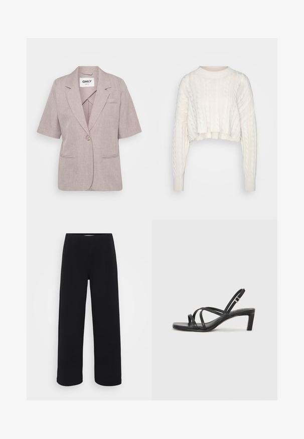 Svijetlo ljubičasti blazer od teksturirane tkanine, s kratkim rukavima, jednim dugmetom za kopčanje i dva prednja džepa.; Najlon pull s kabelskim pletenjem u boji off-white, skraćenog kroja, dugih rukava i rebrastog okruglog izreza i manžeta, prikazan na jednostavnoj pozadini.; Crne široke hlače s elastičnim pojasom. Napravljene od teksturiranog materijala, s prostranim krojem i ravnim rezom od bokova do donjeg ruba.; Crne sandale s trakama, kvadratnim prstom i niskom blok petom. Ima više tankih trakica i podesivu trakicu oko gležnja. Izrađene su od glatke kože.