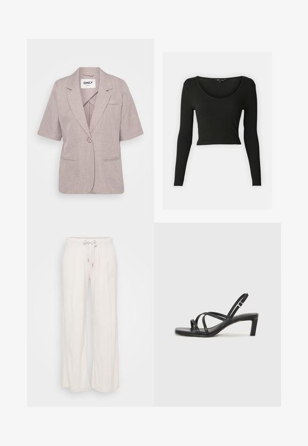 Light mauve blazer jacket made of textured fabric, featuring short sleeves, a single button closure, and two front pockets.; Black long-sleeve crop top made of ribbed fabric with a deep V-neckline. Features fitted sleeves and a smooth texture.; Light beige wide-leg pants with an elastic waistband and drawstring. Made from soft material with vertical seams running down the front.; Black strappy sandal with a square toe and a low block heel. Features multiple thin straps and an adjustable ankle strap. Made of smooth leather.