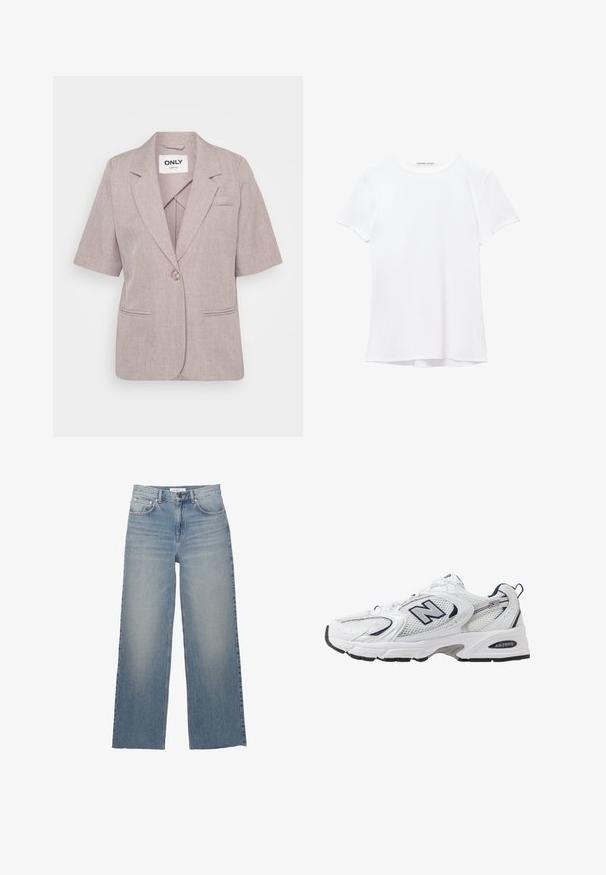 Jasnofioletowy żakiet z teksturowanej tkaniny, z krótkimi rękawami, z pojedynczym zapięciem na guzik i dwoma przednimi kieszeniami.; Biały krótki rękaw t-shirt wykonany z gładkiego materiału, z okrągłym dekoltem i subtelnymi detalami szycia na dole.; Jasnoniebieskie jeansy o szerokich nogawkach, wykonane z dżinsu, z wysokim stanem, kieszeniami z przodu i zapięciem na guzik. Gładka tekstura z wyblakłymi miejscami.; Białe sportowe buty z siateczkową cholewką, granatowymi akcentami i wyściełaną podeszwą. Posiadają logo "N", sznurówki oraz teksturowany detal po boku.