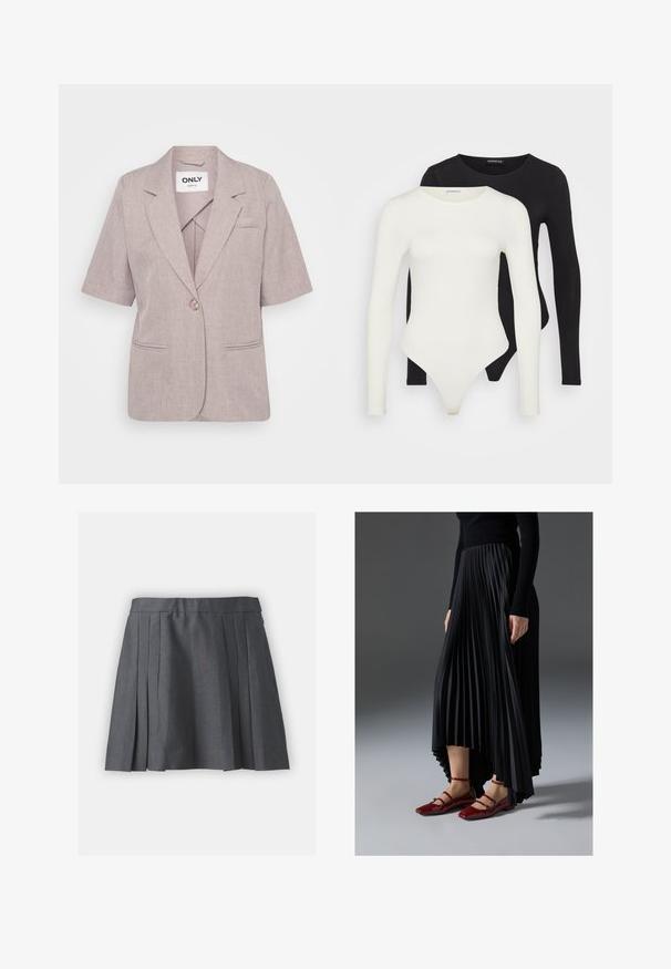 Šviesiai mauve spalvos švarkas, pagamintas iš tekstūruotos medžiagos, turi trumpas rankoves, vieną mygtuką ir dvi priekinės kišenes.; Du būgno su ilgomis rankovėmis baltos ir juodos spalvos. Pagaminti iš lygaus audinio, turi apvalų kaklą ir thong stilių, kad užtikrintų sklandų dėvėjimą.; Pilka klostuota sijonas, pagamintas iš tekstūrinio audinio, su juosmeniu ir paslėptu užtrauktuku. Yra vienodai išdėstyti klostės, suteikiančios struktūruotą išvaizdą.; Juoda plisuota sijonas su aukštesniu priekiniu kraštu, derinamas su blizgiomis raudonomis plokščiomis bateliais, turinčiais dirželio dizainą. Medžiaga yra glotni.